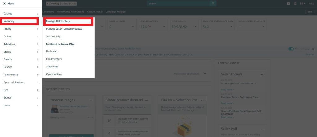 A screenshot of the Amazon Seller Central menu, showing the Inventory and Manage Inventory dropdown options, in red box