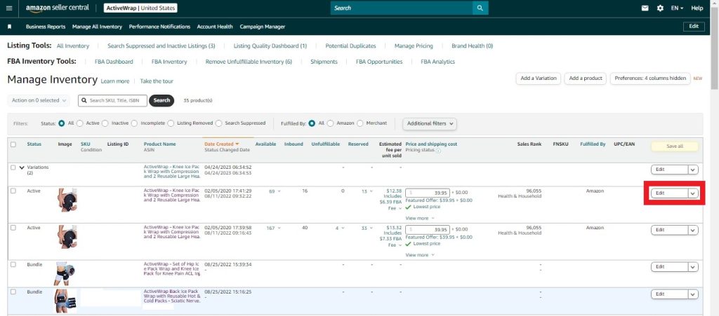 A screenshot of the Manage Inventory page inside Amazon Seller Central. The corresponding Edit button for the product to be updated is inside a red box.