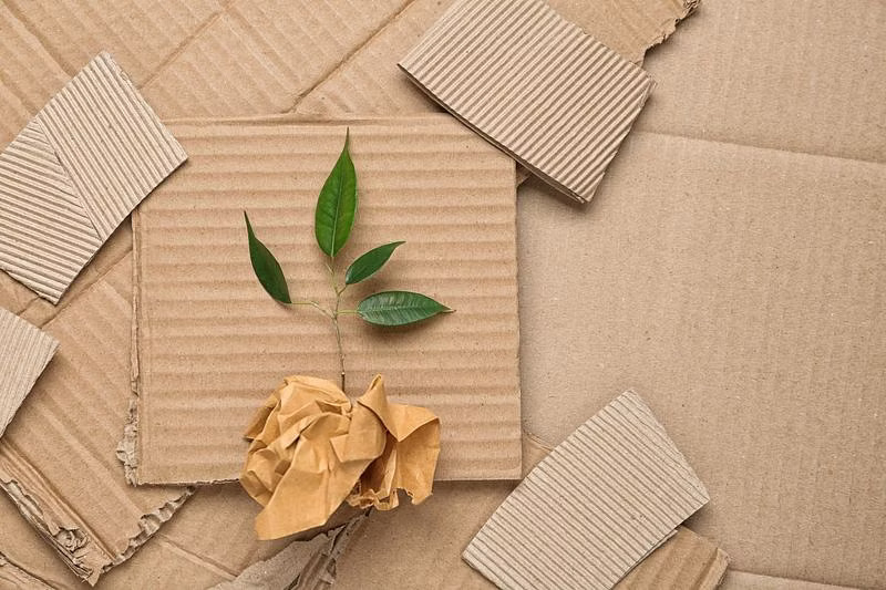 a crumpled paper and a stem of plant on ripped carton boxes