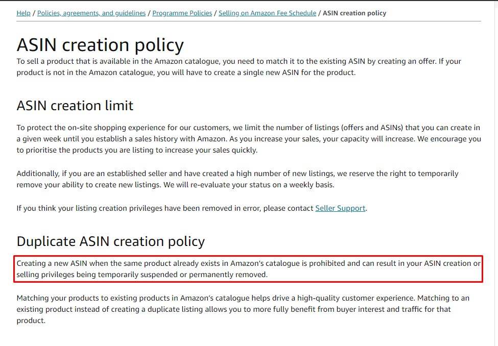 ASIN creation policy