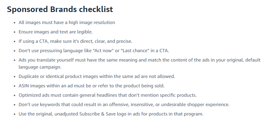 Screenshot of Amazon Sponsored Brands checklist for ad formats and copies