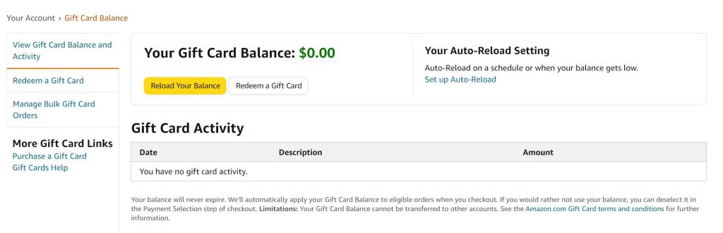 Screenshot of Gift Card Redemption page on Amazon: Your Account > Gift Cards
