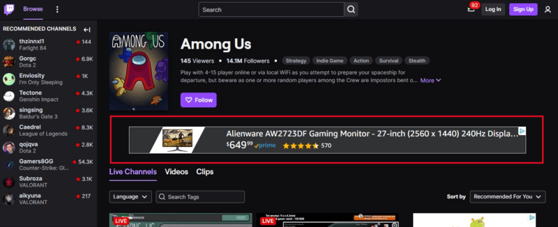 an amazon sponsored display ad on twitch