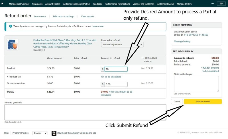 an annotated screenshot of processing partial refund and submitting on amazon