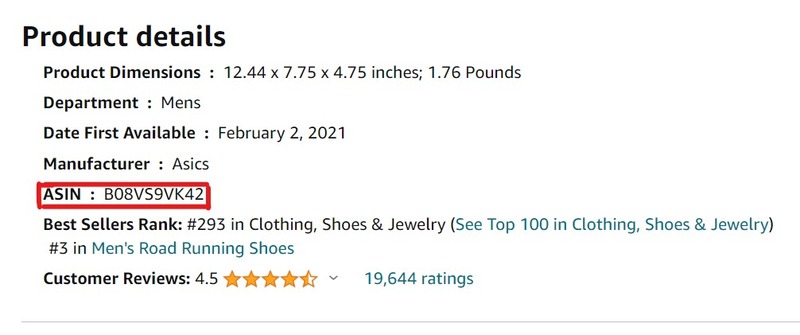 a screenshot of an amazon product details page with the asin highlighted in red