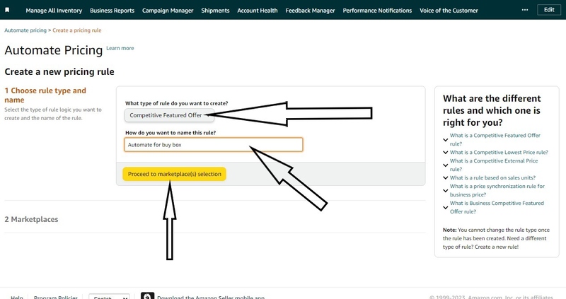 an annotated screenshot of Amazon autopricing step 3.1