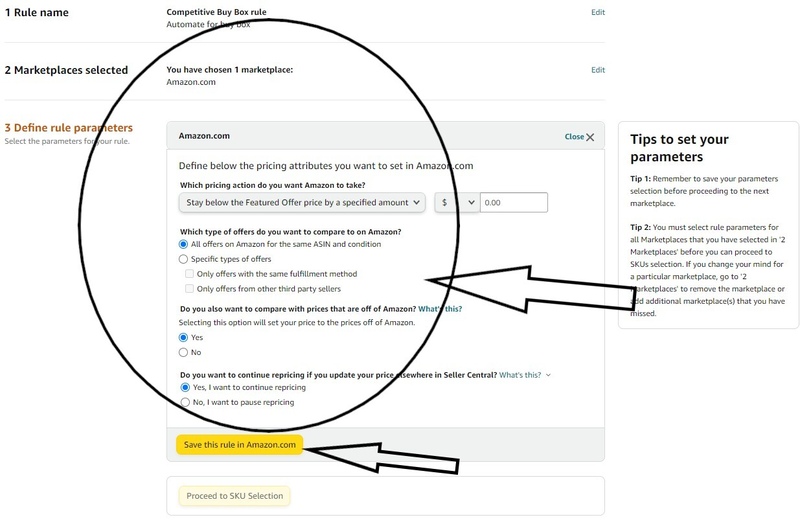 an annotated screenshot of Amazon autopricing step 3.3 