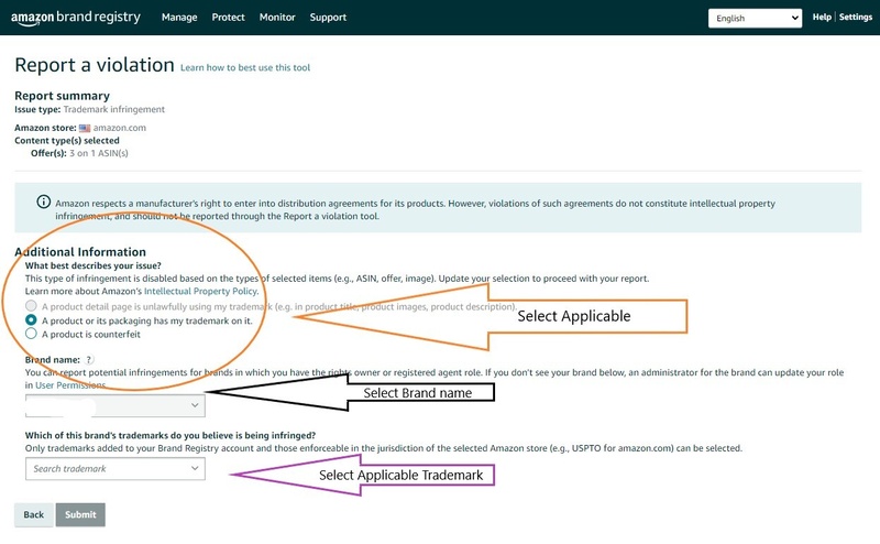 annotated screenshot of filling more info on Amazon report a violation form
