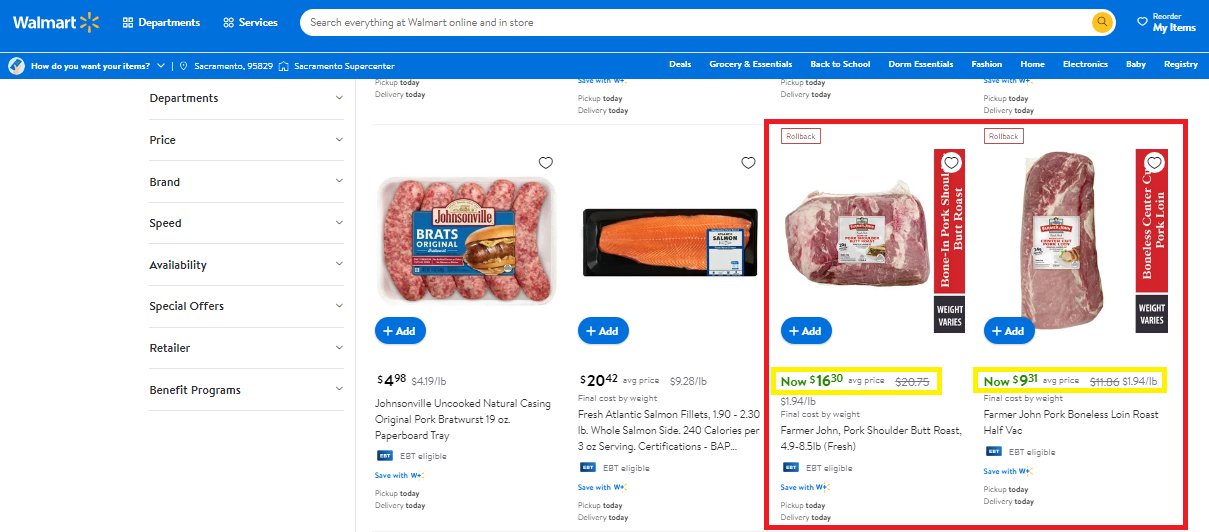 screenshot of the Walmart website showing rollback items highlighted in red, with their rollback tags highlighted in yellow