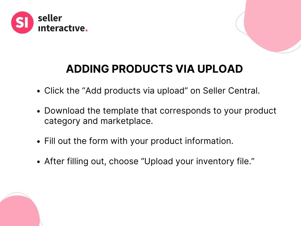 a step-by-step guide for adding products via Upload