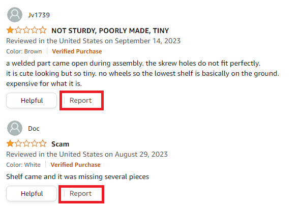 annotated screenshot of amazon negative reviews with the report button highlighted in red